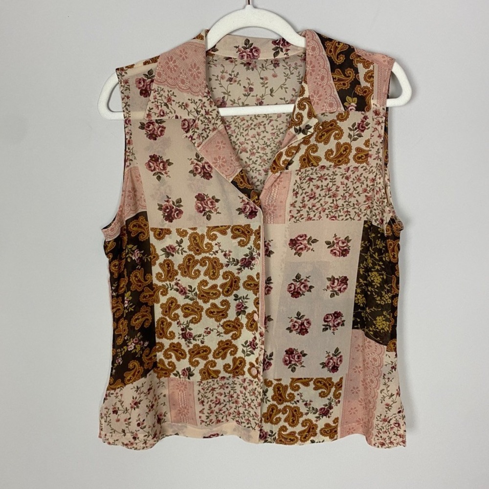 Silk Patchwork Sleeveless Button Top Pink Coquett… - image 1